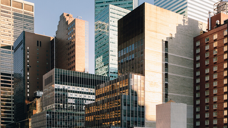 A city skyline at golden hour.